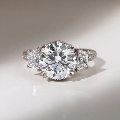 2.50TCW Round Lab Grown Diamond Engagement Ring | Vintage Three Stone Trapezoid Side Setting | IGI Certified 