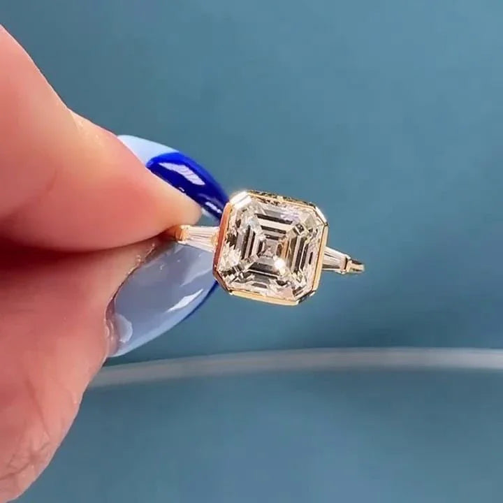 2.60 TCW Asscher lab grown diamond engagement ring bezel set three stone, IGI certified bridal ring, luxury sustainable fine jewelry wedding ring
