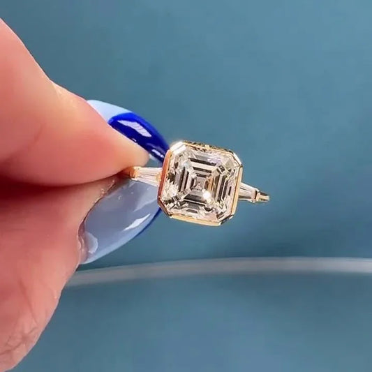 2.60 TCW Asscher lab grown diamond engagement ring bezel set three stone, IGI certified bridal ring, luxury sustainable fine jewelry wedding ring
