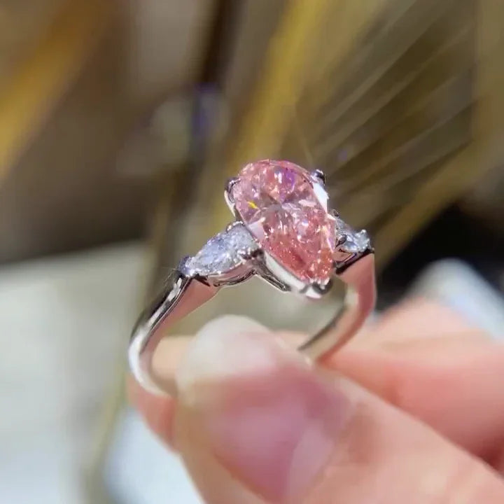 2.60 TCW Fancy Pink Pear Lab Grown Diamond Engagement Ring | Three Stone Ring | IGI Certified 