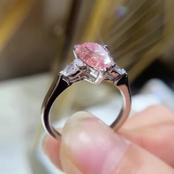 2.60 TCW Fancy Pink Pear Lab Grown Diamond Engagement Ring | Three Stone Ring | IGI Certified 