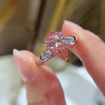 2.60 TCW Fancy Pink Pear Lab Grown Diamond Engagement Ring | Three Stone Ring | IGI Certified 