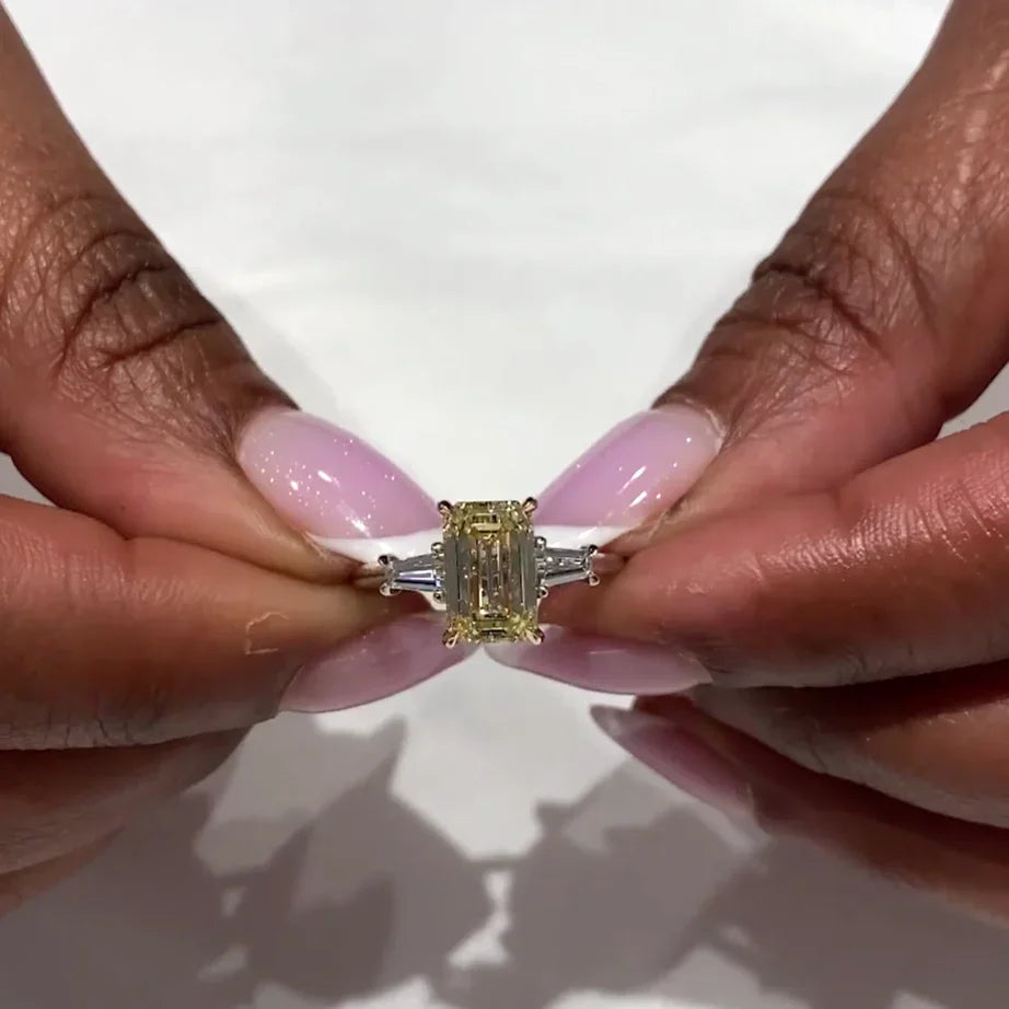 Fancy yellow emerald lab grown diamond 2.60 TCW IGI certified three stone engagement ring bridal ring luxury jewelry sustainable fine jewelry wedding ring