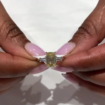 Fancy yellow emerald lab grown diamond 2.60 TCW IGI certified three stone engagement ring bridal ring luxury jewelry sustainable fine jewelry wedding ring