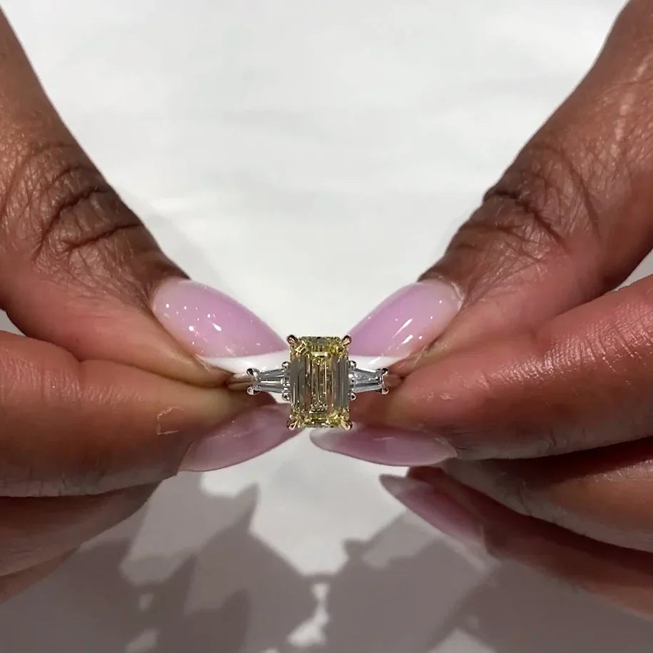 IGI certified 2.60 TCW fancy yellow emerald lab grown diamond engagement ring three stone ring bridal ring luxury jewelry sustainable fine jewelry wedding ring