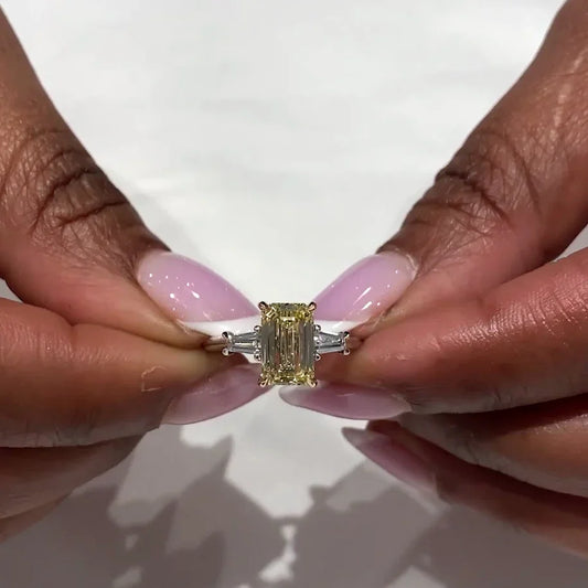 IGI certified 2.60 TCW fancy yellow emerald lab grown diamond engagement ring three stone ring bridal ring luxury jewelry sustainable fine jewelry wedding ring