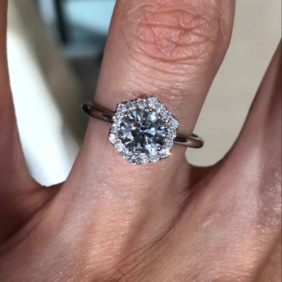 2.60 TCW round lab grown diamond engagement ring IGI certified hexagon halo bridal ring luxury jewelry sustainable diamond fine jewelry wedding ring