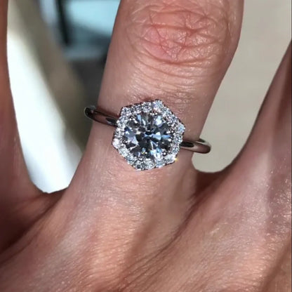 2.60 TCW round lab grown diamond engagement ring IGI certified hexagon halo bridal ring luxury jewelry sustainable diamond fine jewelry wedding ring