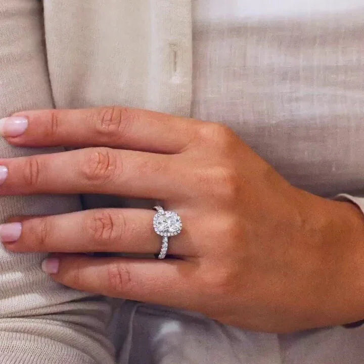 IGI certified 2.6ct cushion lab grown diamond engagement ring halo pavé band setting bridal ring luxury sustainable fine jewelry diamond wedding ring
