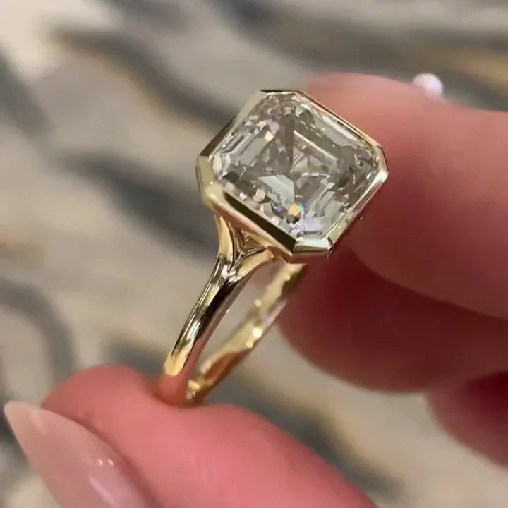 Asscher lab grown diamond 2.70 CT IGI certified engagement ring split bezel setting bridal ring luxury sustainable fine jewelry wedding ring design