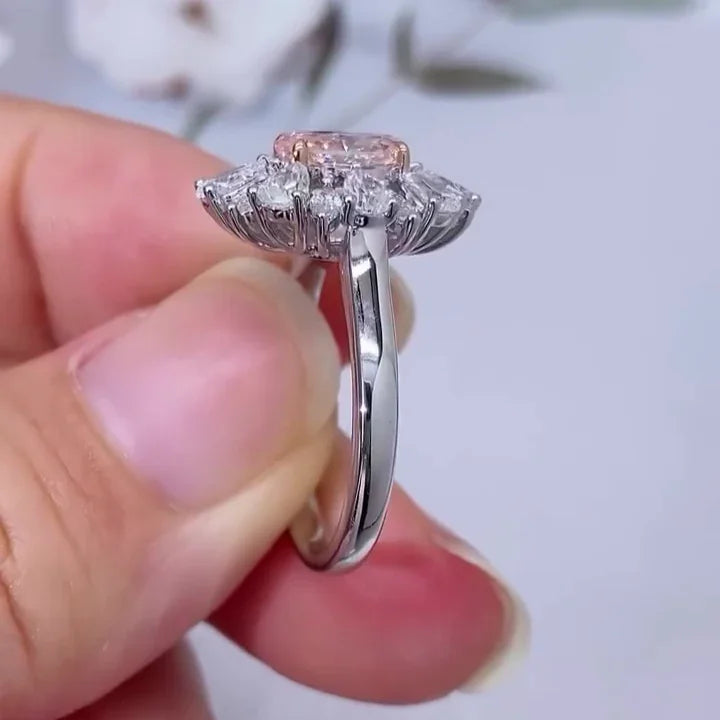 Fancy pink oval lab grown diamond 2.70 CT engagement ring double halo with side stones IGI certified bridal luxury sustainable fine jewelry