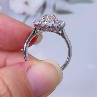2.70 CT Fancy Pink Oval Lab Grown Diamond Engagement Ring | Double Halo Design & Side Stones | IGI Certified 