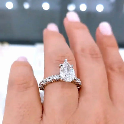 Pear lab grown diamond engagement ring 2.50 CT with accent stone pavé design IGI certified bridal luxury fine jewelry wedding ring