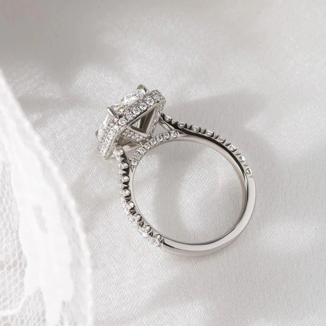 IGI certified radiant 2.70 TCW lab grown diamond engagement ring cathedral halo bridal luxury sustainable fine jewelry wedding ring
