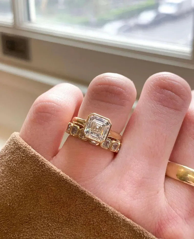 IGI certified Asscher 2.71ct lab grown diamond engagement ring full bezel bridal ring luxury sustainable fine jewelry wedding ring