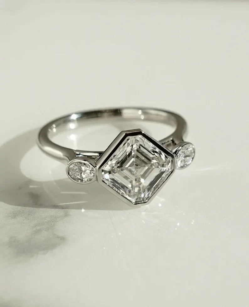 Asscher lab grown diamond engagement ring 2.80TCW with full bezel setting IGI certified bridal luxury fine jewelry wedding ring