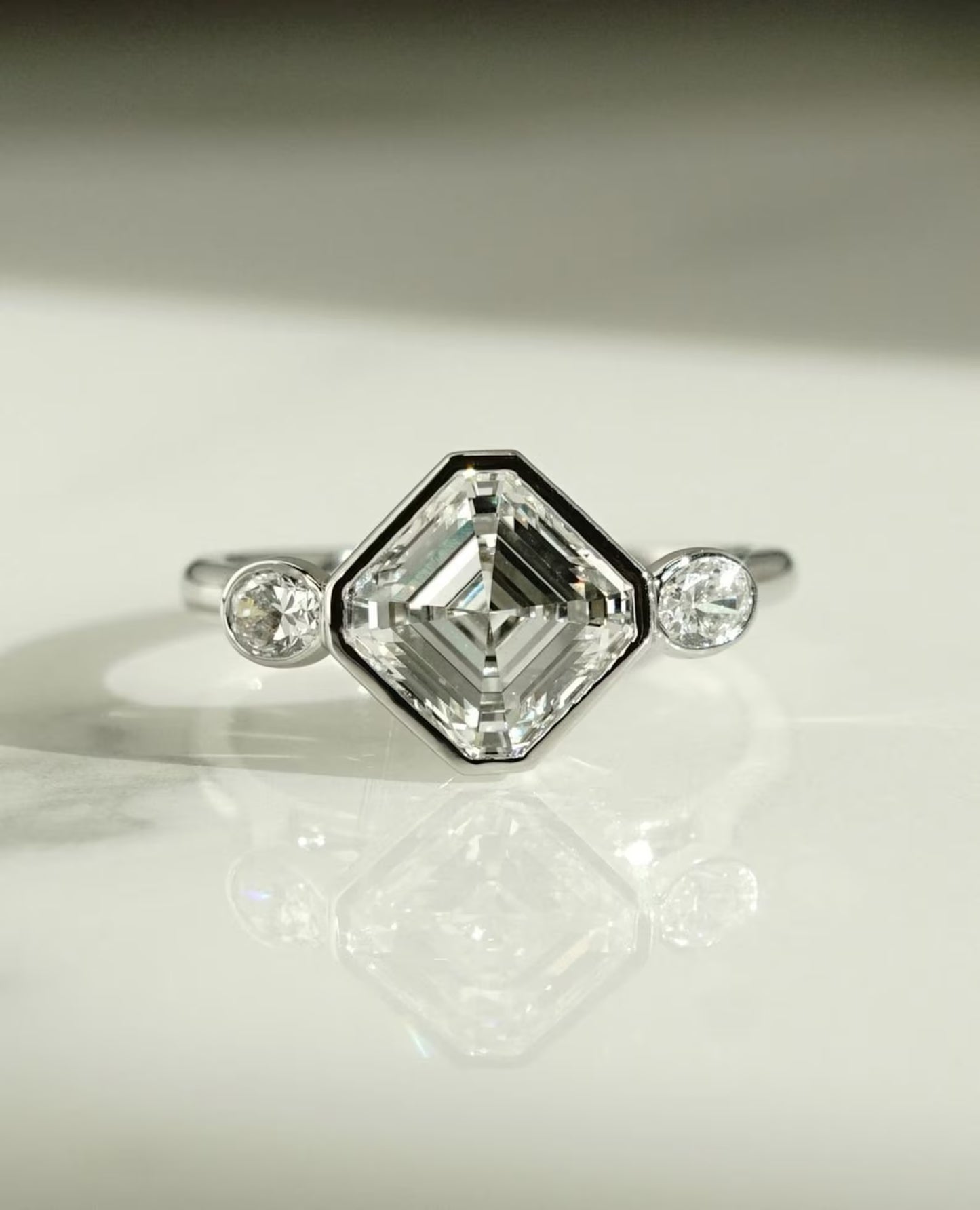 IGI certified 2.80TCW Asscher lab grown diamond engagement ring full bezel setting bridal luxury sustainable fine jewelry wedding ring