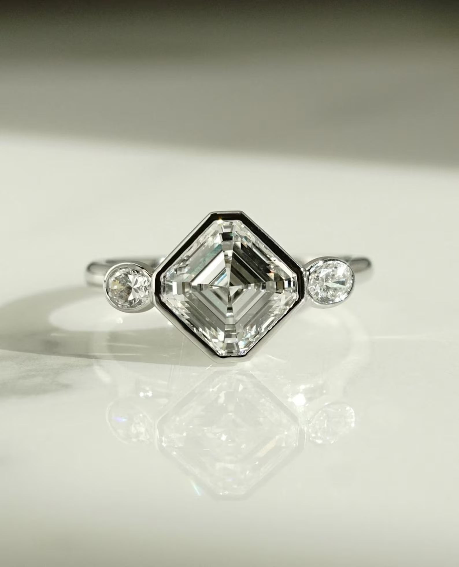 IGI certified 2.80TCW Asscher lab grown diamond engagement ring full bezel setting bridal luxury sustainable fine jewelry wedding ring