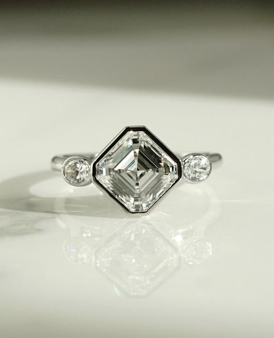 IGI certified 2.80TCW Asscher lab grown diamond engagement ring full bezel setting bridal luxury sustainable fine jewelry wedding ring