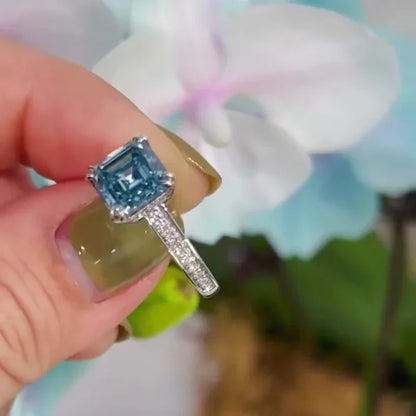 Elegant 2.90TCW fancy blue Asscher lab grown diamond ring, IGI certified engagement ring, luxury bridal and anniversary jewelry
