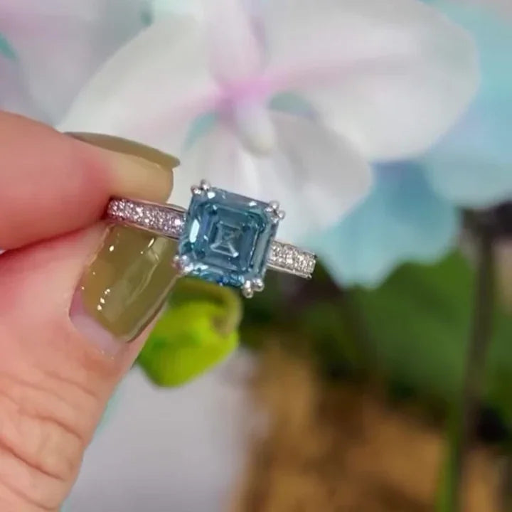 2.90 TCW Fancy Blue Asscher Lab Grown Diamond Engagement Ring | IGI Certified 