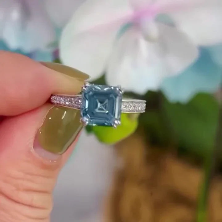 2.90TCW fancy blue Asscher lab grown diamond engagement ring, IGI certified solitaire ring, luxury bridal jewelry, unique wedding ring