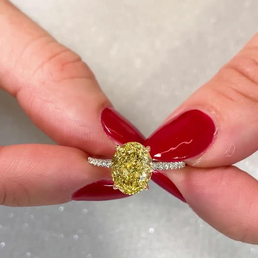 2.90 TCW Fancy Yellow Oval Lab Grown Diamond Engagement Ring | Hidden Halo Ring | IGI Certified 