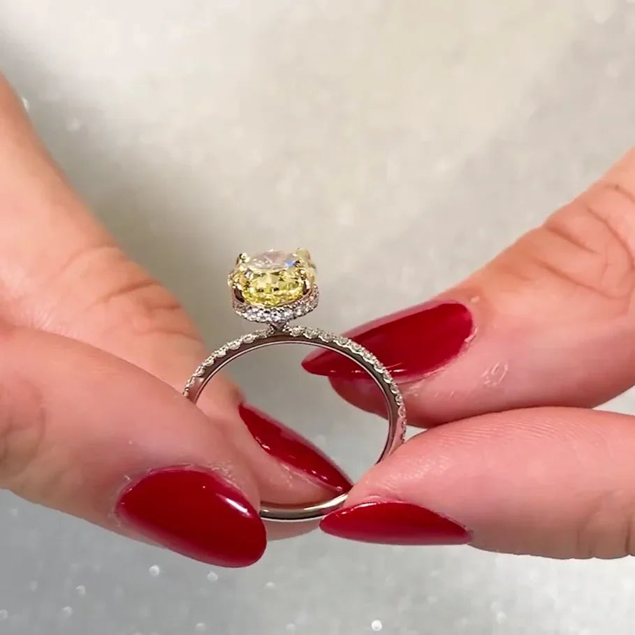 Elegant 2.90TCW fancy yellow oval lab grown diamond ring, IGI certified hidden halo engagement ring, anniversary gift