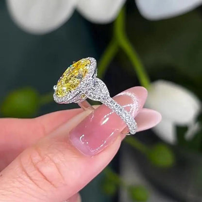 2.90 TCW Fancy Yellow Oval Lab Grown Diamond Engagement Ring | Two-Tone Hidden Halo Ring | IGI Certified 
