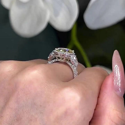 2.90 TCW Fancy Yellow Oval Lab Grown Diamond Engagement Ring | Two-Tone Hidden Halo Ring | IGI Certified 