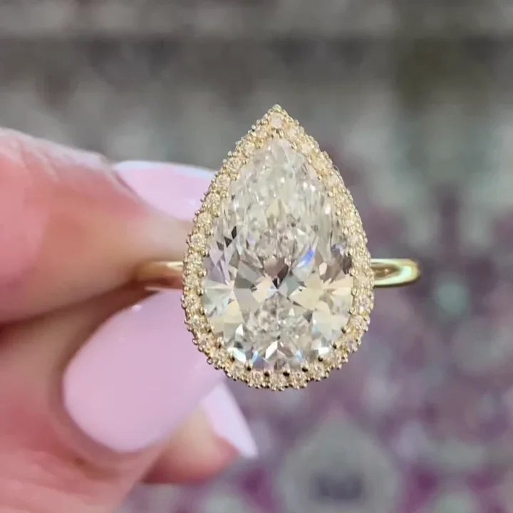 Pear lab grown diamond engagement ring, hidden halo ring, IGI certified, solitaire bridal ring, white gold promise ring, luxury wedding jewelry
