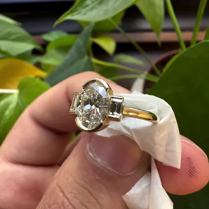 Oval cut lab grown diamond ring, three stone engagement ring, half bezel setting, IGI certified bridal jewelry, anniversary gift for women