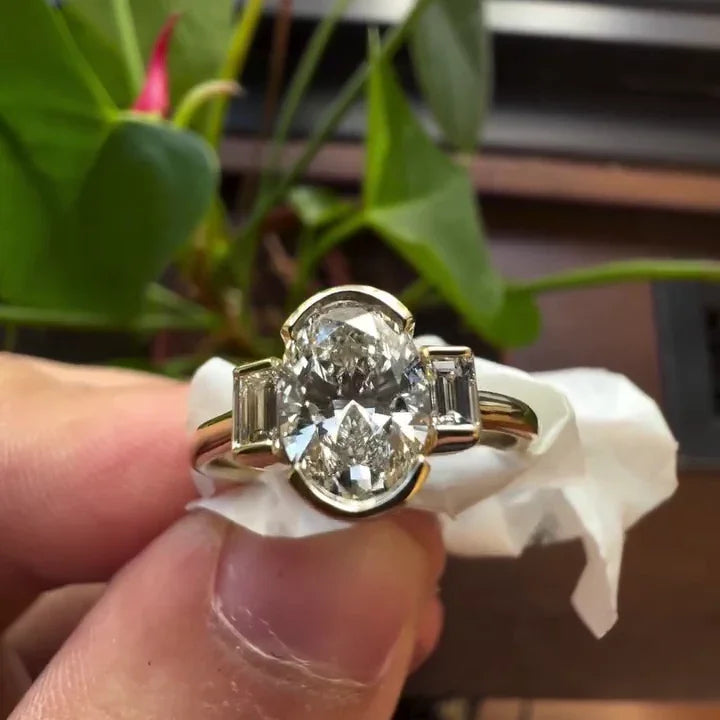 2.60CT Oval Lab Grown Diamond Engagement Ring | Three Stone Half Bezel Setting | IGI Certified