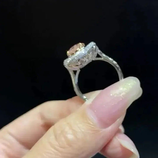 Pink oval lab created diamond ring, double halo engagement ring, IGI certified bridal jewelry, elegant wedding ring, anniversary gift