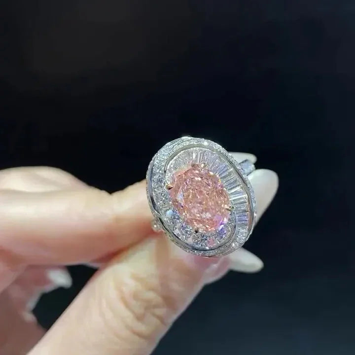 2ct Fancy Pink Oval Lab Grown Diamond Engagement Ring | Double Halo Setting | IGI Certified 