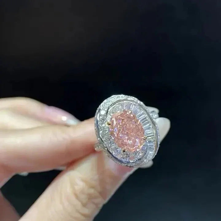 2ct Fancy Pink Oval Lab Grown Diamond Engagement Ring | Double Halo Setting | IGI Certified 