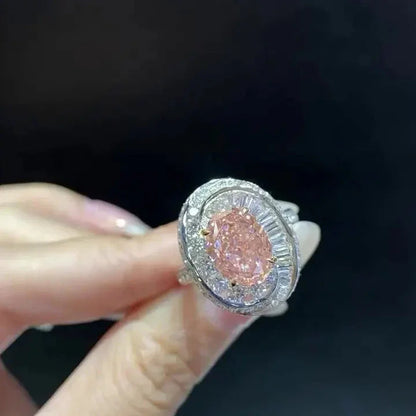 2ct Fancy Pink Oval Lab Grown Diamond Engagement Ring | Double Halo Setting | IGI Certified 