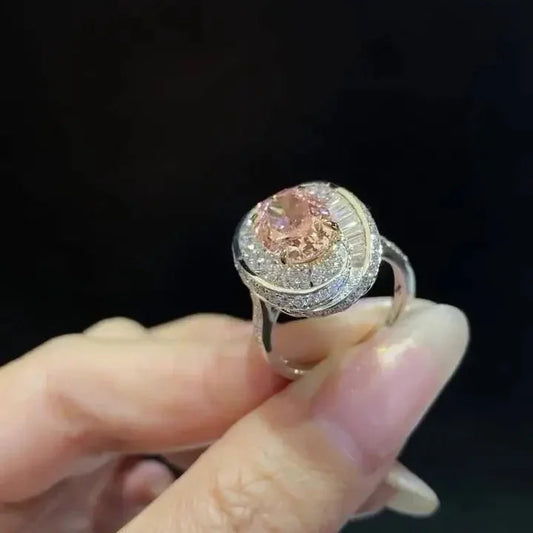 Fancy pink oval lab grown diamond engagement ring, double halo setting, IGI certified bridal ring, luxury wedding jewelry, promise ring
