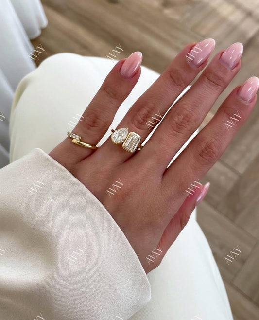 3.0 TCW Pear and Emerald Lab Grown Diamond Engagement Ring | Toi Et Moi Ring | IGI Certified 