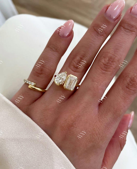 3.0 TCW Pear and Emerald Lab Grown Diamond Engagement Ring | Toi Et Moi Ring | IGI Certified 