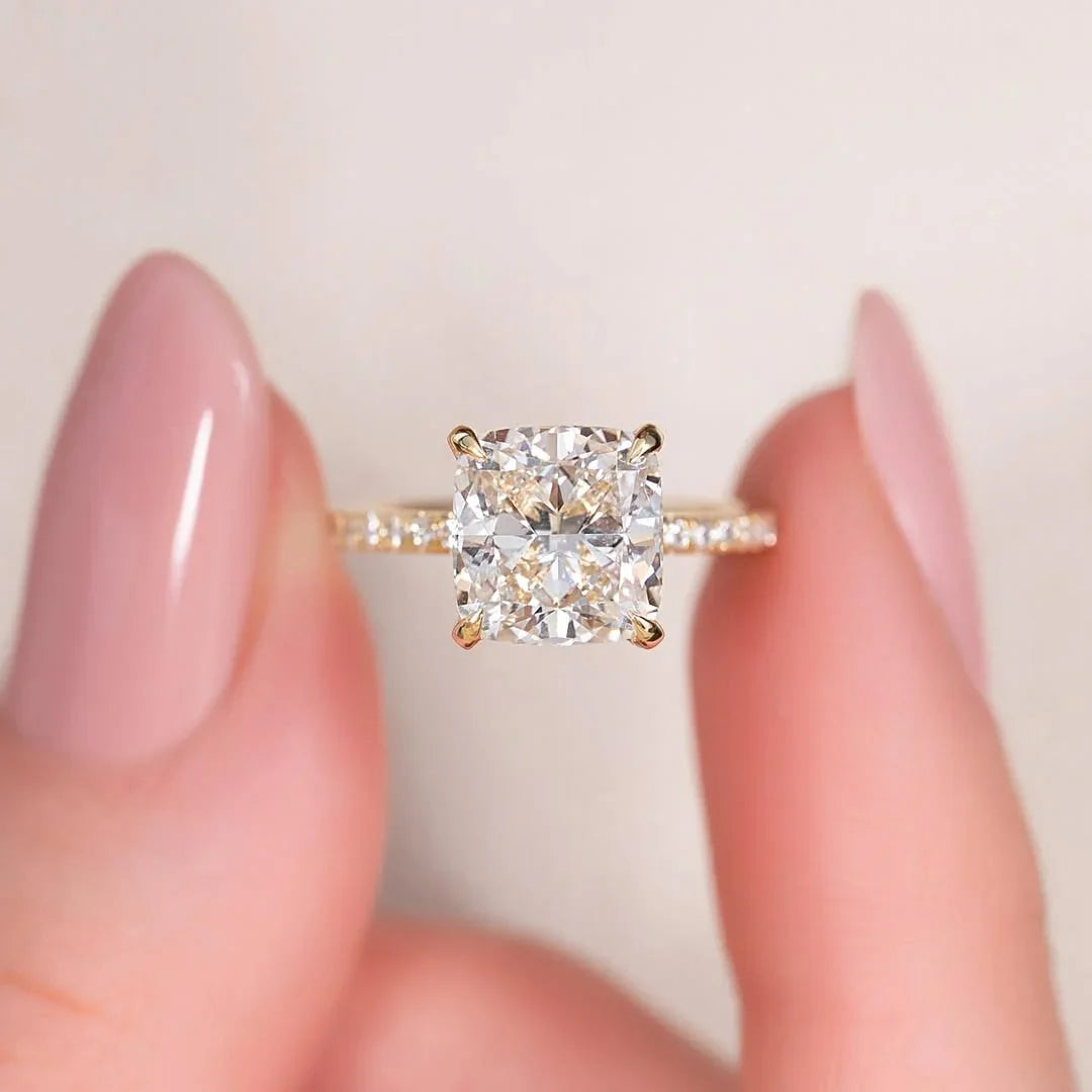 Cushion cut lab grown diamond engagement ring, pave band hidden halo ring, IGI certified bridal jewelry, luxury wedding ring for women