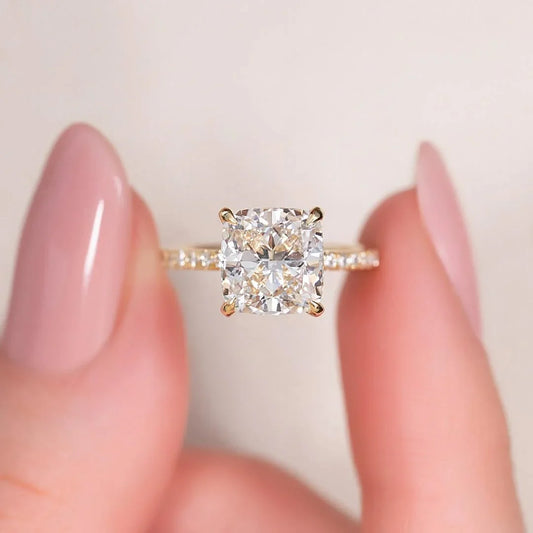 Cushion cut lab grown diamond engagement ring, pave band hidden halo ring, IGI certified bridal jewelry, luxury wedding ring for women