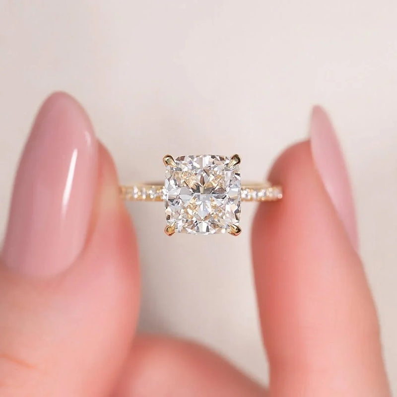 3.00 CT Cushion Cut Lab Grown Diamond Engagement Solitaire Ring | Pave Band & Hidden Halo | IGI Certified