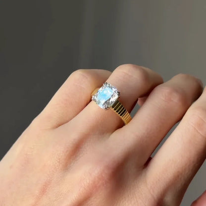 Old mine cut lab grown diamond engagement ring, elongated cushion solitaire, unique band bridal ring, anniversary jewelry for her