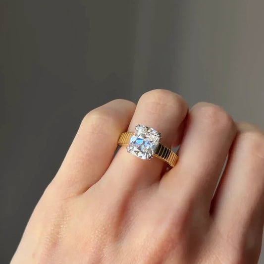 Elongated cushion old mine lab grown diamond ring, unique band engagement ring, IGI certified bridal jewelry, luxury wedding ring