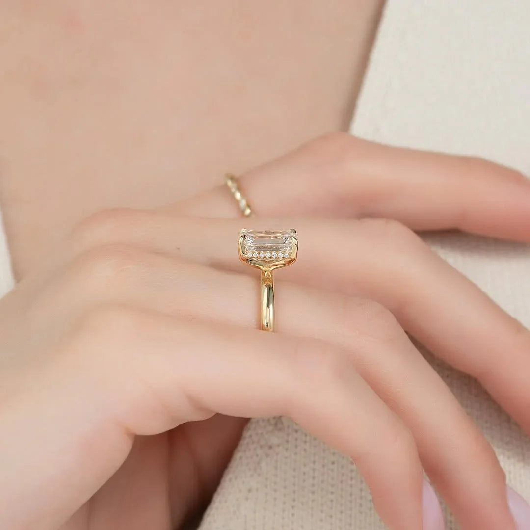 Hidden halo emerald cut lab grown diamond ring, solitaire engagement ring, IGI certified wedding jewelry, promise ring for women