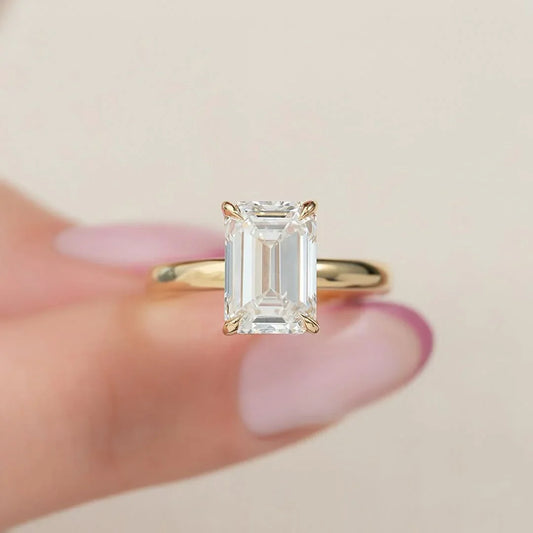 Emerald cut lab grown diamond solitaire ring, hidden halo engagement ring, IGI certified bridal jewelry, luxury wedding ring for women