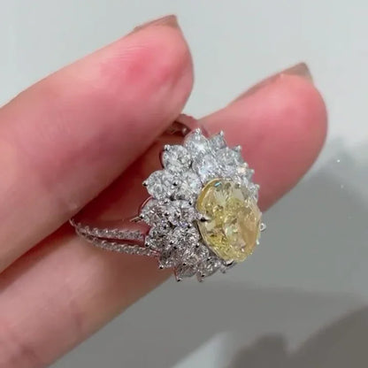 Fancy yellow oval lab grown diamond ring, double halo bridal engagement ring, luxury wedding jewelry, promise ring for women