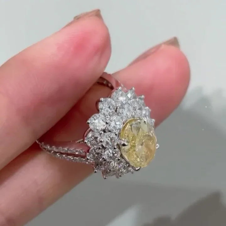 IGI certified fancy yellow oval diamond ring, double halo engagement ring, elegant bridal jewelry for modern brides