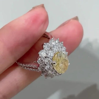 IGI certified fancy yellow oval diamond ring, double halo engagement ring, elegant bridal jewelry for modern brides